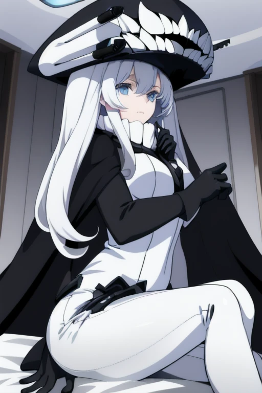 wo-class aircraft carrier, hat, gloves, hair, 1girl, white hair, solo, white skin, black gloves, bodysuit, blue eyes, black cape, cape covered, leather pants, Masterpiece, Best Quality, room. 