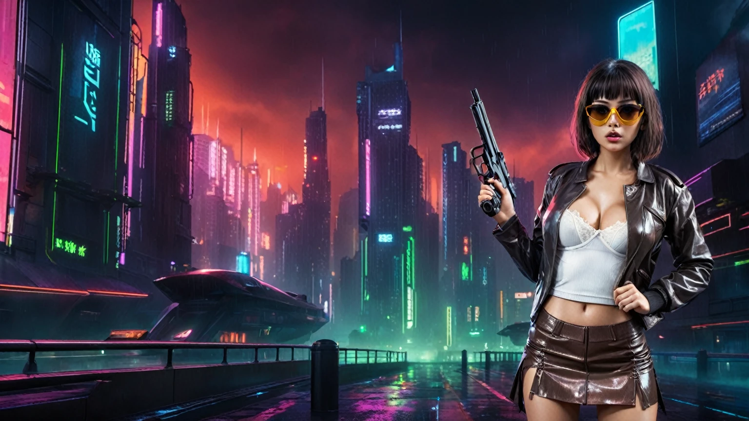 (low angle view), Blade Runner style futuristic city, flying cars, neon lights, rainy night. (1girl, solo, alone), large-breast:1.2 slim body, slim face, cleavage:1.1,  laced lingerie, very low angle view miniskirt, jacket, (black micro sunglasses), (holding a short gun), running pose, half-body thigh level medium shot, cinematic lighting, ray tracing.