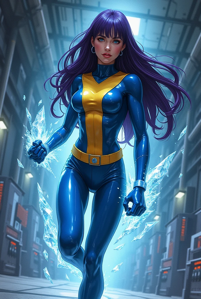 generates a Marvel Comics-style image of a young white woman of about 1, with long hair, dark purple and a fringe, who is wearing a blue and yellow college uniform in a mutant training room,  with a large part of its body being formed of diamond.