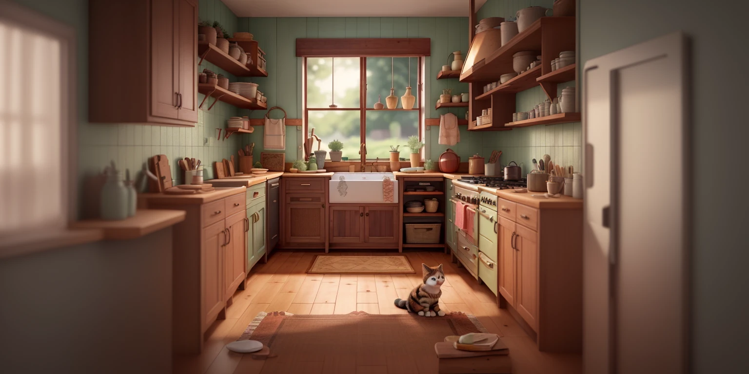 There is a cat sitting in the kitchen looking out the window, old kitchen scene, home kitchen on a sunny day, old kitchen scene angled view, cottagecore, kitchen background, cottagecore!!, cozy home background, highly detailed scene, immensely detailed scene, Stylized 3D rendering, adorable digital painting, background art, animation style rendering, scene rendering