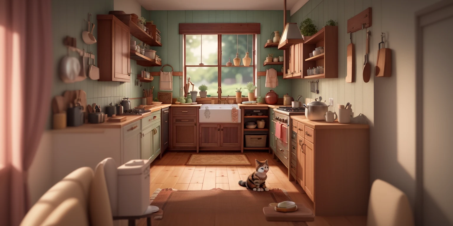 There is a cat sitting in the kitchen looking out the window, old kitchen scene, home kitchen on a sunny day, old kitchen scene angled view, cottagecore, kitchen background, cottagecore!!, cozy home background, highly detailed scene, immensely detailed scene, Stylized 3D rendering, adorable digital painting, background art, animation style rendering, scene rendering