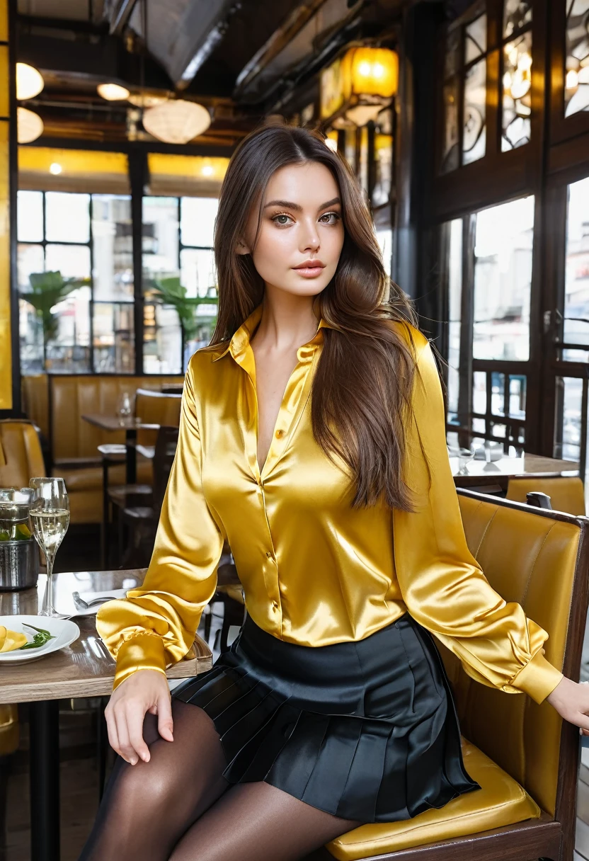 young brunette woman, beautiful eyes. long brown hair. Shiny yellow satin shirt and a black pleated skirt, Tights, 项链, transparent lip gloss, narrow building, Nice, 2, Full body photo, long legs, Satin top, Sitting in a restaurant and looking around, looks stunning. is enthusiastic
