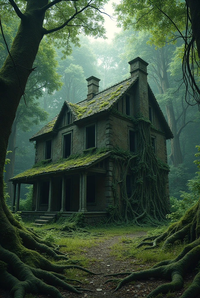 Abandoned and destroyed house in the middle of the forest, without doors or windows, roots that grew through the walls due to time