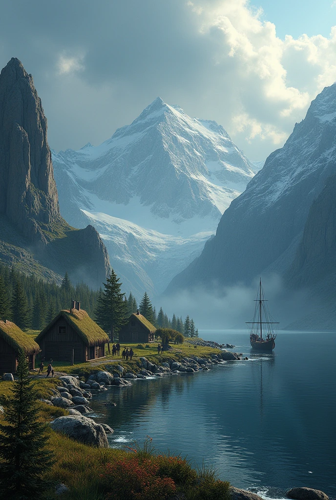 Create a stunning A3-sized landscape depicting a Viking village nestled in a rugged coastal environment. The scene includes wooden longhouses with grass-covered roofs, surrounded by towering, snow-capped mountains. The village sits near a fjord with dark, cold waters reflecting the dramatic sky filled with stormy clouds. In the distance, a Viking longship is anchored near the shore, with warriors preparing for a journey. The environment feels wild and untamed, with dense forests and rocky cliffs, evoking the harsh yet majestic nature of the Viking era. The overall mood should be intense and atmospheric, capturing the essence of Norse mythology and seafaring culture.