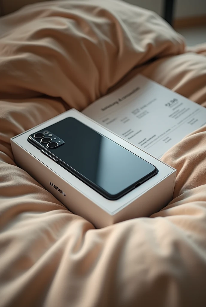 A Samsung S21 Ultra cell phone in its box with an invoice from Nicaragua included for $230 in a bed