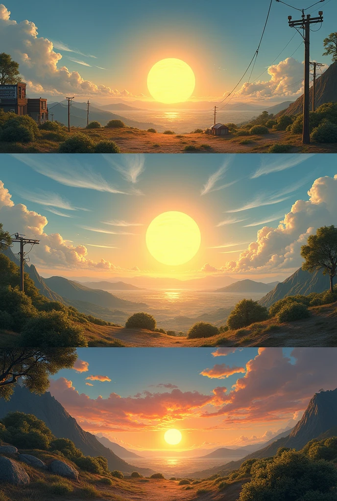 Realistic images of the sun rising in the west and setting in the east with signs indicating which is west and which is east.