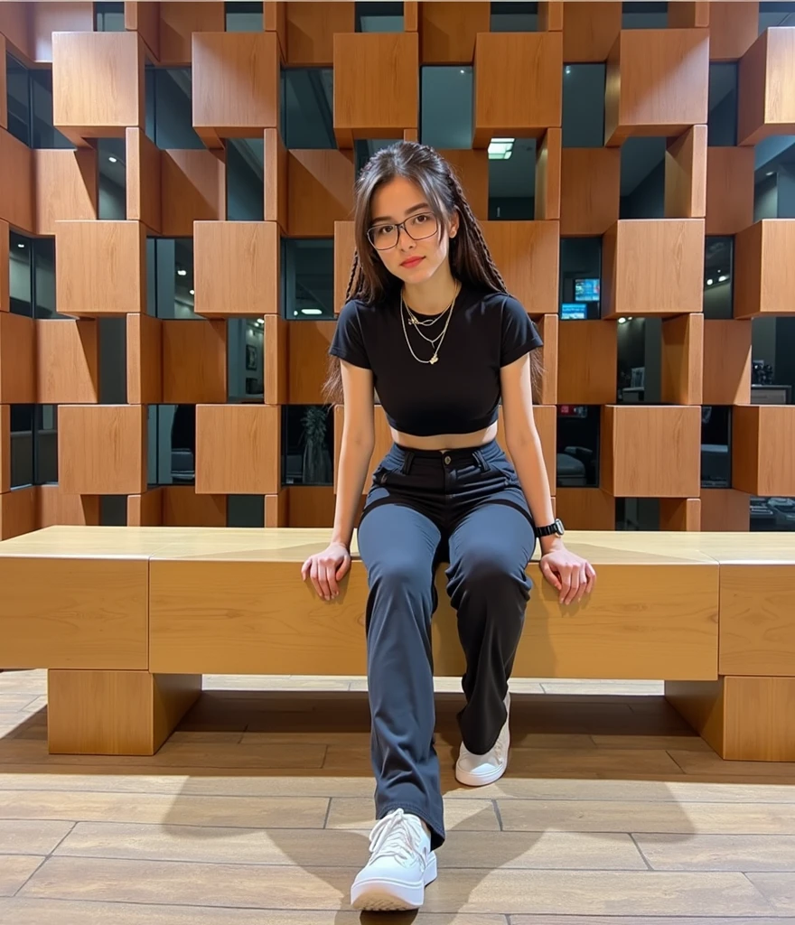 A girl, black fur, Glasses, cyberpunk, alone, high waistband, small bust, woman with braided brown hair, Sophisticated young woman, White T-shirt, black school shirt, sexy appearance