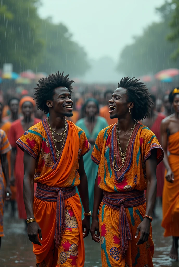 two young African men in traditional clothes and curly hair singing to the audience who are walking in an endless direction and the people standing in the rain
