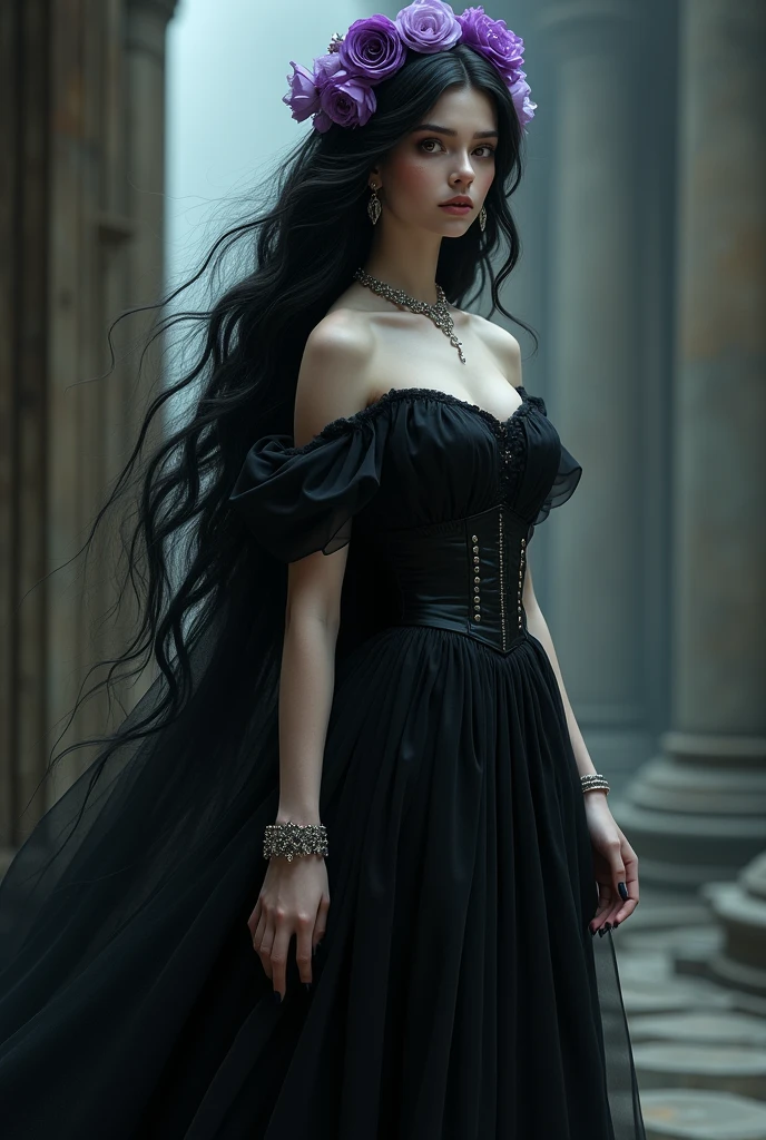 Woman, pretty, rosto angelical, eyes browns, long robe, black gown, gothic, pale skin, black highheels, tall stature, puffy dress, corset roxo, purple flower on the head, Bblack hair, very long hair, Wavy hair, slim, big nails, nail with black nail polish, silver earrings, colar de prata, silver bracelet