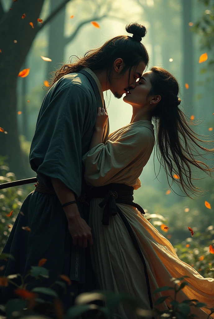 Couple, samurai, fighting, man piercing woman with his sword, Kissing, forest background, with falling eyes, realism, realism --ar 24:37 --stylize 750 --v 6