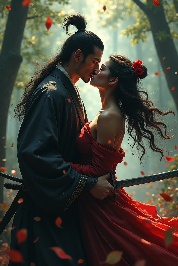 Couple, samurai, fighting, man piercing woman with his sword, Kissing, forest background, with falling eyes, realism, realism --ar 24:37 --stylize 750 --v 6