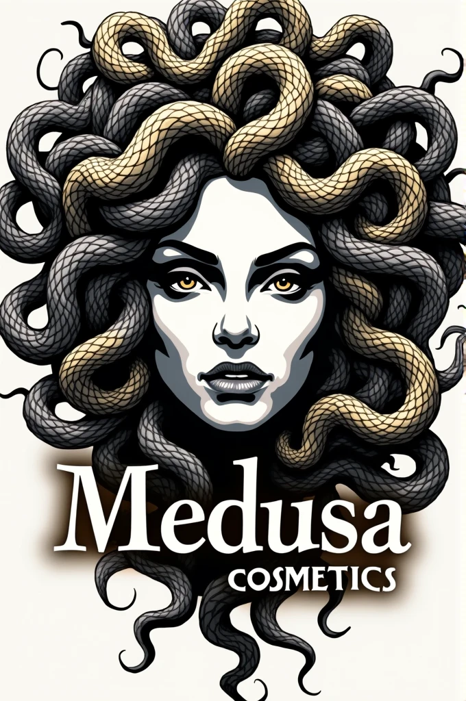 Head of a Medusa from the eyes up with a focus on the snakes and details in gold with a focus on Petro and white in the shape of a logo With the name Medusa Cosmetics just below the head 