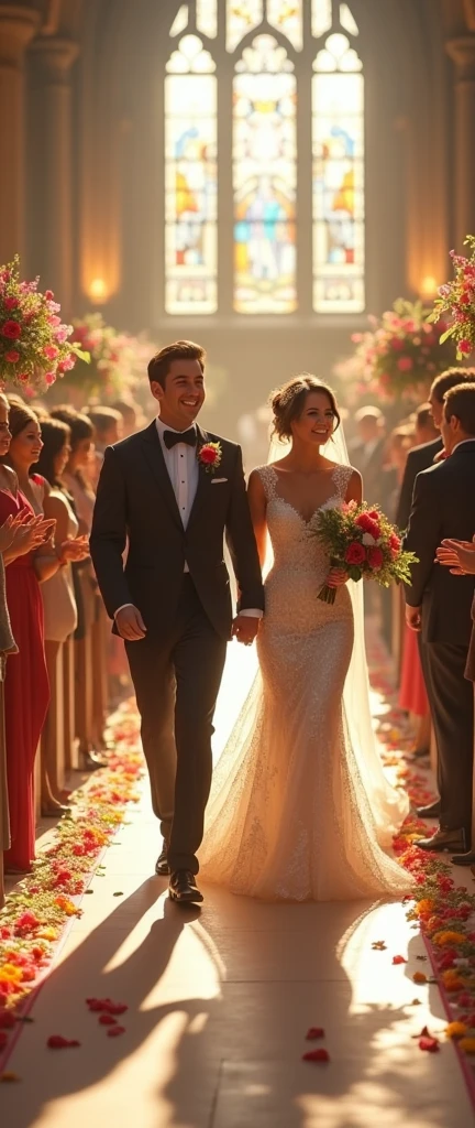 A joyful wedding scene, a beautiful bride in a white lace dress, walking down the aisle surrounded by colorful flowers, a handsome groom waiting at the altar, sunlight streaming through stained glass windows, guests in formal attire smiling and applauding, shallow depth of field, cinematic lighting, warm color tones, highly detailed, photorealistic