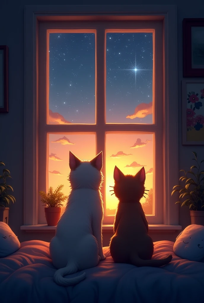 : Transition to an evening scene where Pico and Whiskers sit by the window, watching the sunset and then the stars. The room is dimly lit, creating a cozy and peaceful atmosphere.