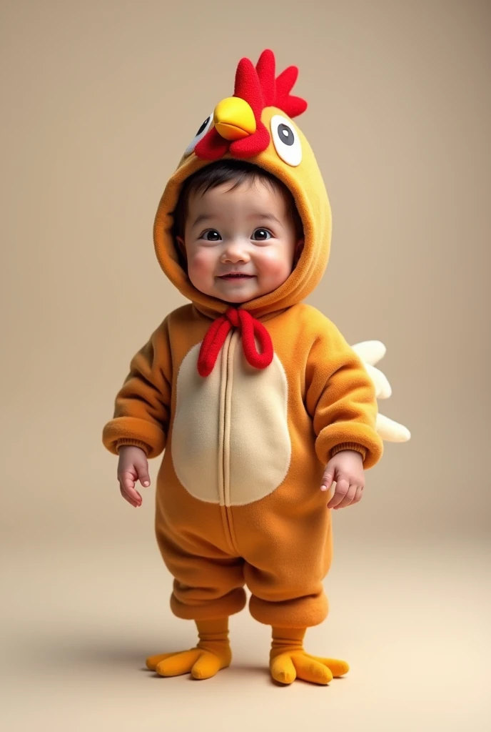 Full length portrait of a 2 year old child standing wearing a rooster costume