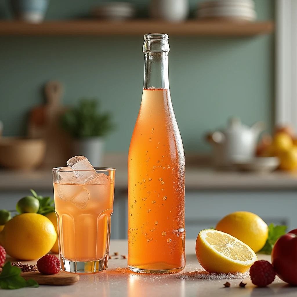 Create a realistic carbonated drink in a beautiful bottle without a label, the color of the drink is like garbage, with a glass next to it with ice and lemon juice, It's on a kitchen counter, with some fruits and spices, fot, 8k --com 4:3 -- in 6.0 - in