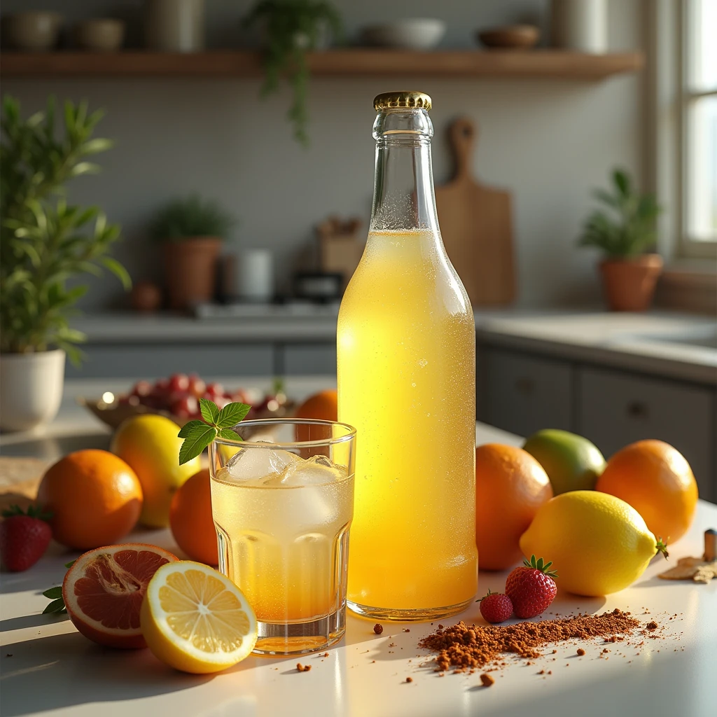 Create a realistic carbonated drink in a beautiful bottle without a label, the color of the drink is like garbage, with a glass next to it with ice and lemon juice, It&#39;s on a kitchen counter, with some fruits and spices, fot, 8k --com 4:3 -- in 6.0 - in
