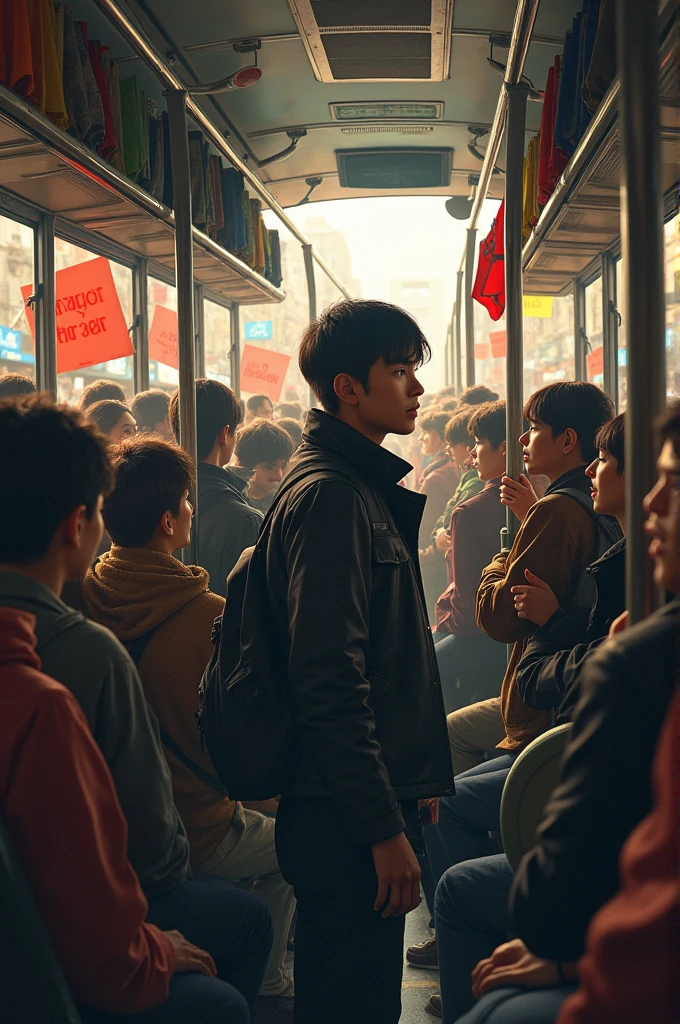 The character traveling on a full bus, with a chaotic atmosphere, surrounded by diverse people, with banners or flags suggesting protest or social movement.