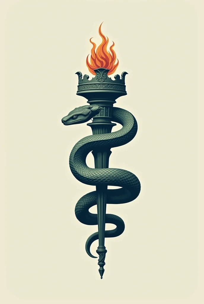 Cobra snake wrapped around a torch similar to the Statue of Liberty's torch, with capital letters in the middle of the image "libertary group" .Minimalist profile