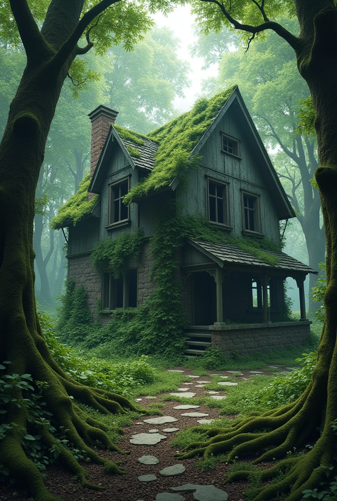 Abandoned and destroyed house in the middle of the forest, without doors or windows, roots that grew through the walls due to time