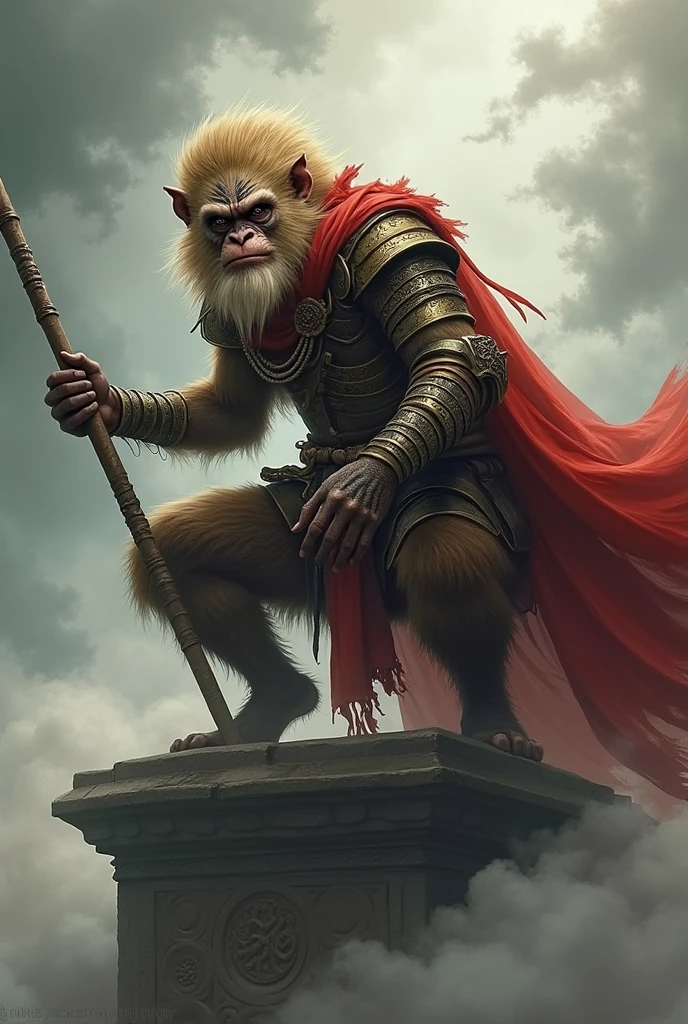 Chinese mythology character, Black myth Wukong, human face, money beard, human body monkey fur, The warrior is crouching on a pedestal, holding a long, ornate staff in one hand. He has fur-covered body, with a mane of wild, golden hair and a fierce, determined expression. His face is painted with tribal markings, and he wears a mix of armor and tattered cloth, with a red cape billowing behind him. The background is misty and atmospheric, with clouds and smoke swirling around, giving the scene a mystical, otherworldly feel. The color palette should inc