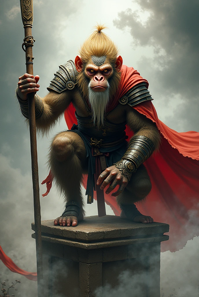 Chinese mythology character, Black myth Wukong, human face, money beard, human body monkey fur, The warrior is crouching on a pedestal, holding a long, ornate staff in one hand. He has fur-covered body, with a mane of wild, golden hair and a fierce, determined expression. His face is painted with tribal markings, and he wears a mix of armor and tattered cloth, with a red cape billowing behind him. The background is misty and atmospheric, with clouds and smoke swirling around, giving the scene a mystical, otherworldly feel. The color palette should inc