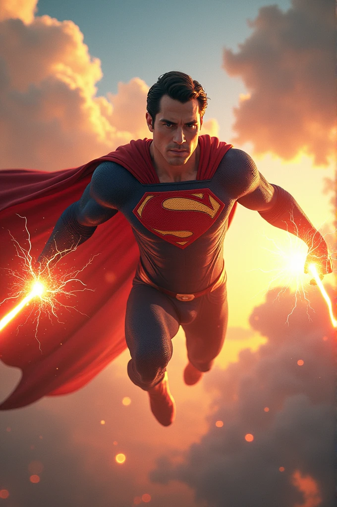 The superman fly on sky and his hand reduce electricity and his eyes ray is laser