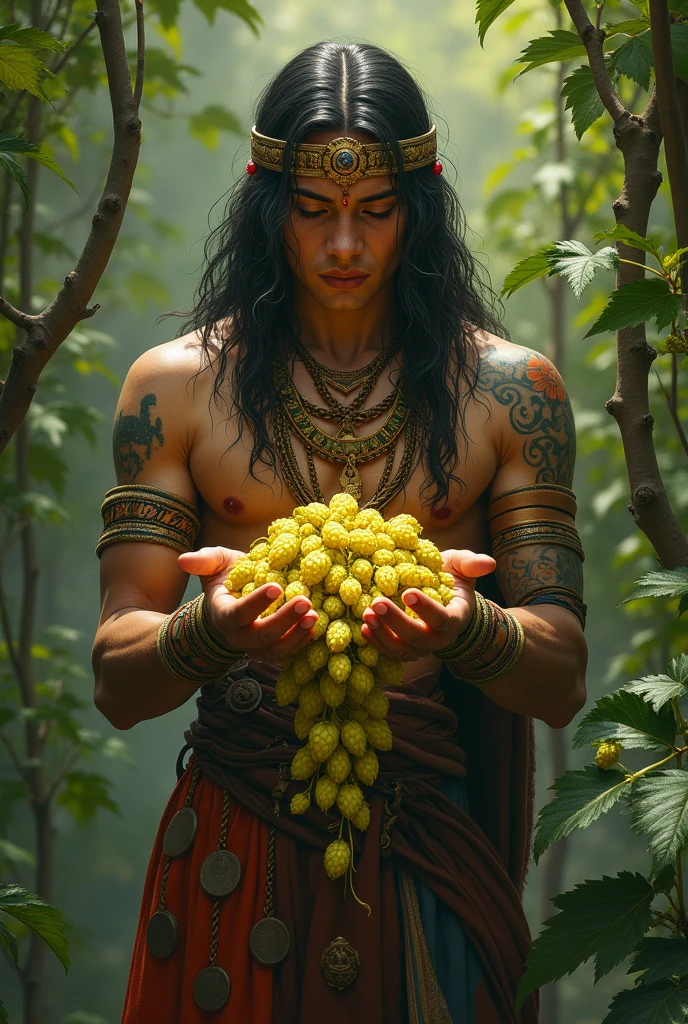 Golden hops in the hands of an indigenous god 
