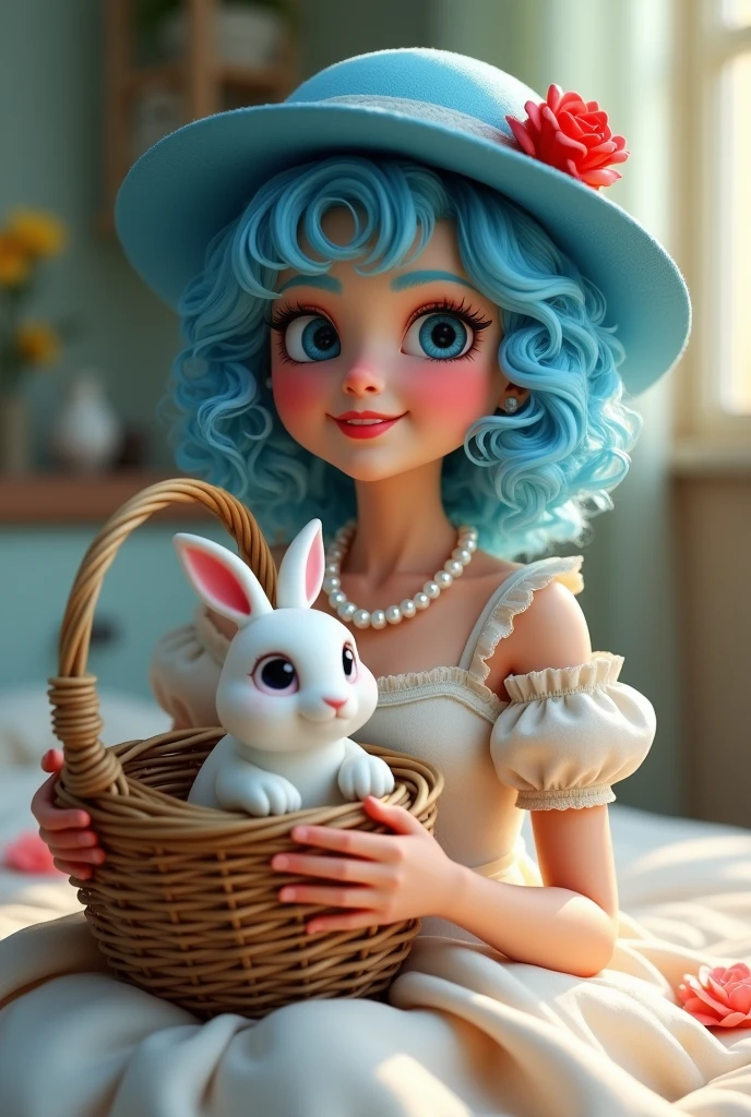 Girl 37age blue hatand blue curly hair girl
With a very smiling and happy lip
With an old basket with a white rabbit in it
With a white princess dress and
A pearl necklace with a red rose
inside the bed
3D style