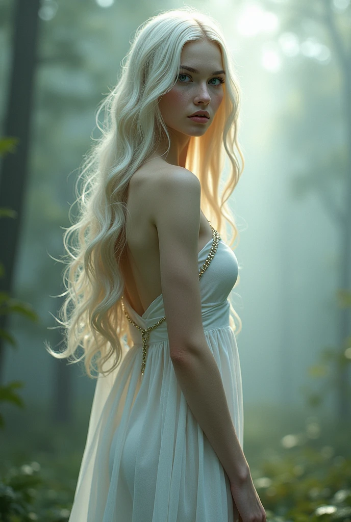 Generates a tall woman with grey eyes, blonde hair and pale skin.