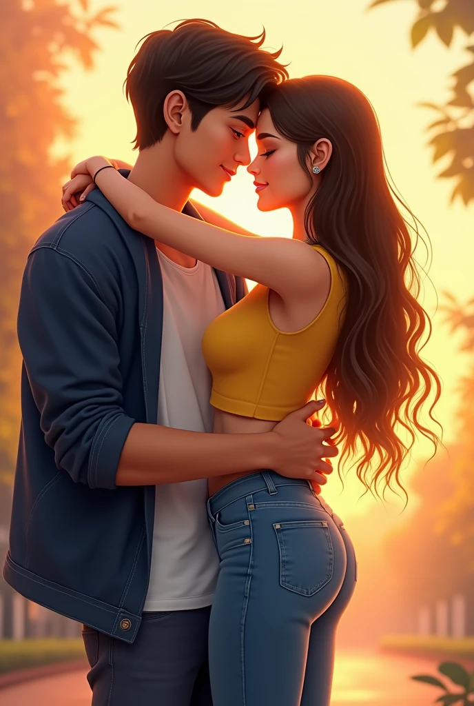 A boy and a very beautiful girl with cute face ....a boy is hugging his beautiful girlfriend very tightly and also picking her up kissing her lips by his lip deeply where both are immersed in a state of deep and divine love and romance ( the girl is wearing yellow top and blue jeans  and boy wearing white  t shirt with a navy blue jacket )
