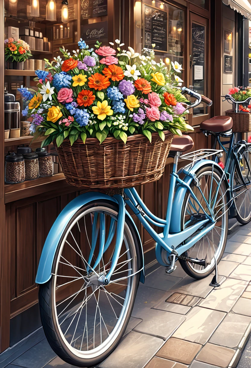 ( Correct and perfect anatomy )(close up) Basket filled with flowers Clear and detailed Bicycle parked next to coffee shop Detailed and intricate Perfect art illustration Slim realistic High detail Best quality ( Correct and perfect anatomy ) Ultra-detailed animation art and visual effects masters perfectly compose intricate digital art