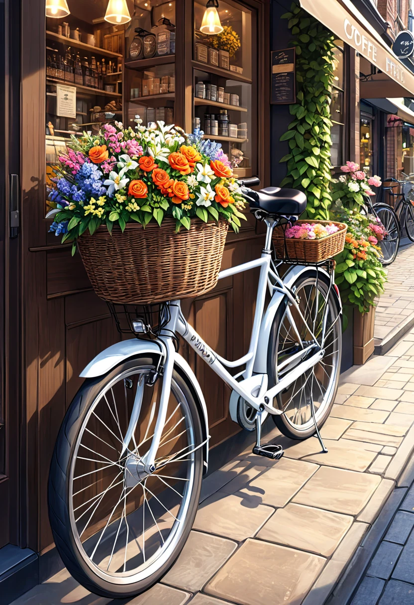 ( Correct and perfect anatomy )(close up) Basket filled with flowers Clear and detailed Bicycle parked next to coffee shop Detailed and intricate Perfect art illustration Slim realistic High detail Best quality ( Correct and perfect anatomy ) Ultra-detailed animation art and visual effects masters perfectly compose intricate digital art