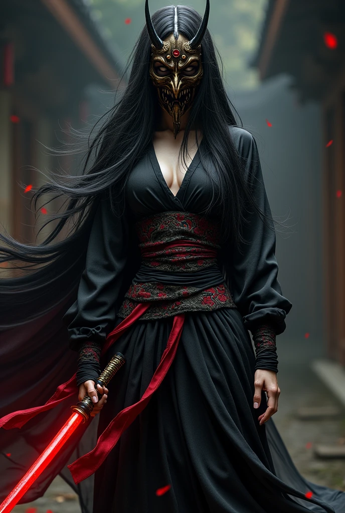 female ninja with a Japanese scary halfe oni mask, com uma roupa preta, menacingly, long here ,white skine, japanes cloth, black and red color cloth, short cloth