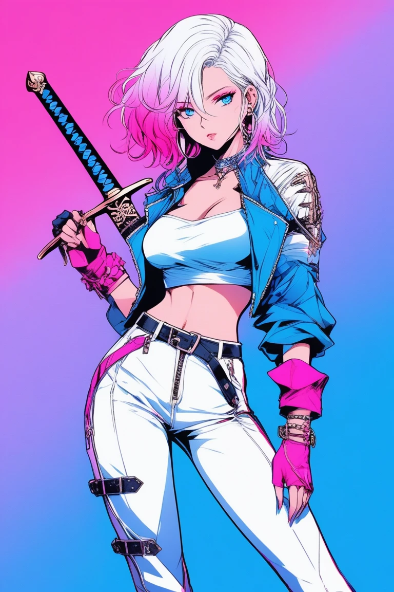 Illustrator, anime , Realistic ,sketch , 1 person, model, Age 25, lip, Sexy and revealing wearing a crop-like top and tight white leather pants with long white boots , two swords at her back , order, Blue and pink gradient background, Neon Hair, Big Breasts, Her cleavage is visible, look back, whole body, Sexy look, Texture Trim, Russia, (masterpiece,Highest quality)