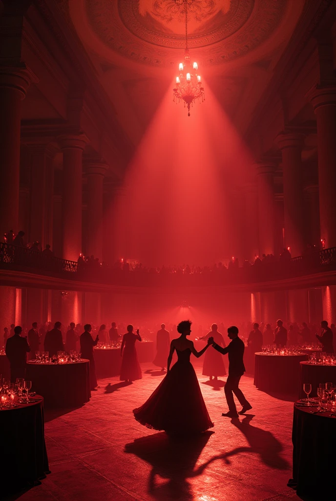 huge, a very large gothic ballroom, filled with red light, with high painted ceilings. The hall is scary and gloomy, inside him dance the dark and gloomy, but beautiful, people in long dresses or suits. There are small round tables at the edges., with an abundance of glasses of wine. Many people dance the waltz in pairs on a large dance floor in the middle. There is a beautiful balcony at the very end of the hall., On it stands the host of the ball, shrouded in darkness and watching the celebration. Some people are holding glasses in their hands. 