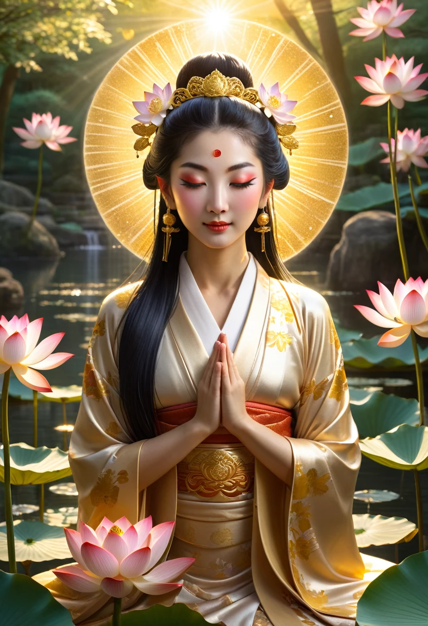  Goddess of Lotus": Within a sacred sanctuary bathed in sunlight, depict the figure of a sun goddess who governs love, facing forward and emanating divine radiance. She is a , around 2. Zoom in to focus on her face, with a gleaming lotus of light in her hands, representing the life-giving power of the lotus flowers. Her hair is shimmering gold, and she is wearing a traditional miko outfit as seen in Japanese shrines. The background should be predominantly gold, evoking a sense of divine splendor, with numerous heart-themed objects expressing the beauty of love. The setting is in heaven, enveloped in soft, bright light with lotus crystal  , where one can find tranquility and peace of mind, free from any trace of anxiety.Straight-on.
