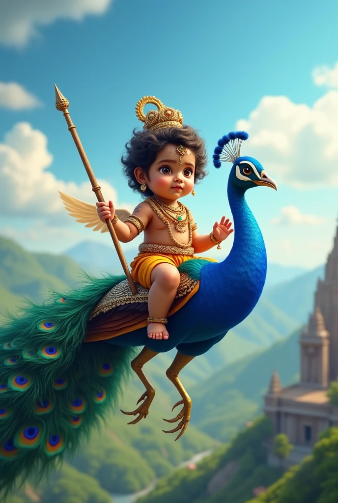 Realistic image of a Cute little indian baby boy as lord murugan, flying in a vibrant blue sky on a peacock, holding a divine spear called vel in hand,  32k uhd, ultra clear, no noise , a murugan temple is seen in the background , eyes facing straight at the camera, with a greeny hilly background 