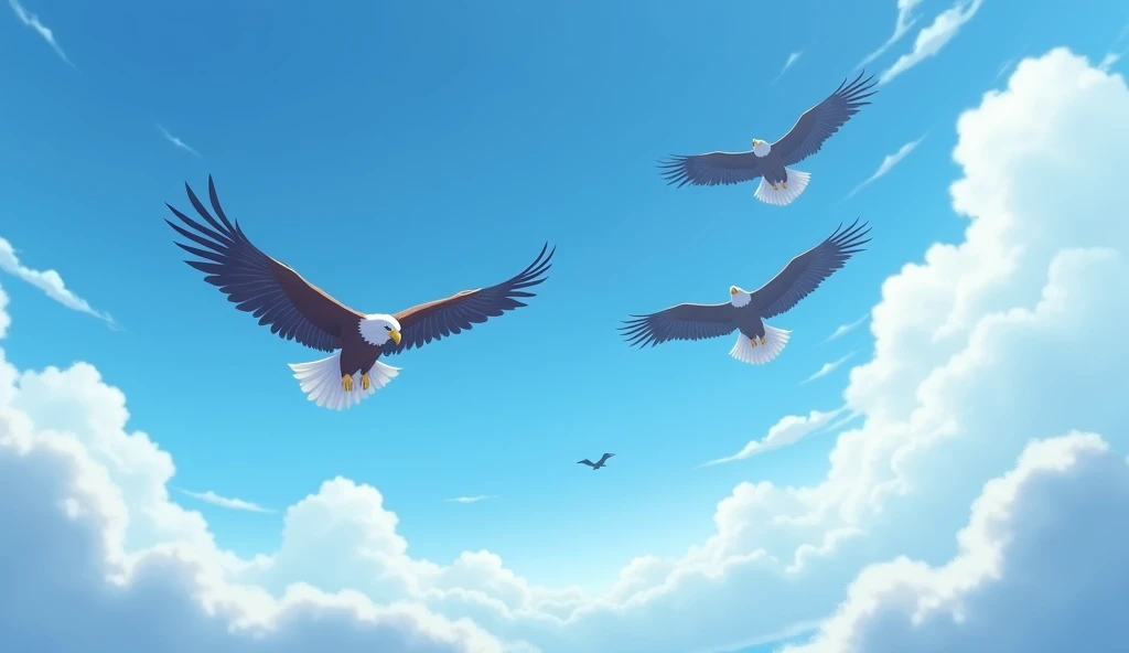 High in the sky, the eagles soar,  
With wings spread wide, they explore.  
They see the world from up above,  
Gliding peacefully like a dove. YouTube size
