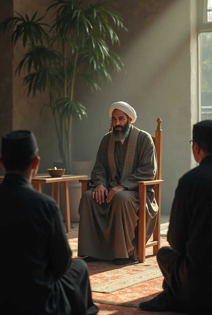 Beautiful imam seating on wooden chear talking to muslim peoples.