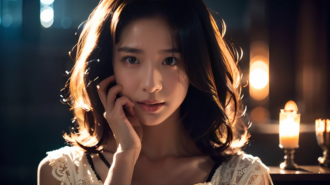 a beautiful girl crying, tears streaming down her face, soulful expression, long wavy hair, delicate features, lace dress, broken glass, shattered heart, dimly lit, muted colors, cinematic lighting, portrait, emotional, dramatic