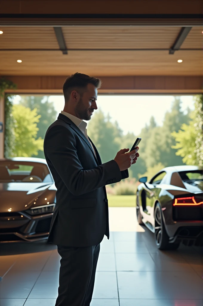 The businessman with a Porsche and a Lamborghini in his garage in a mansion on a sunny day using his cell phone, an iPhone 15