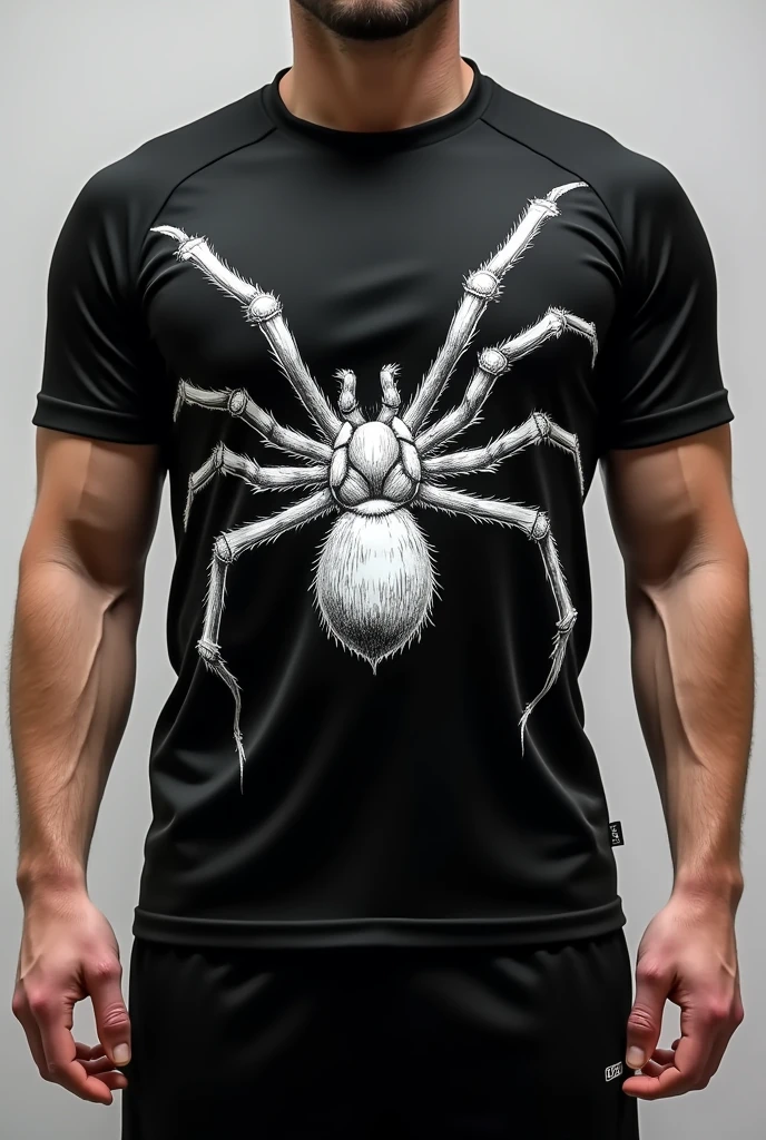 Black training uniform with white drawing of a tarantula on the back, the tarantula's legs pass through Sima's shoulder and under the abdomen