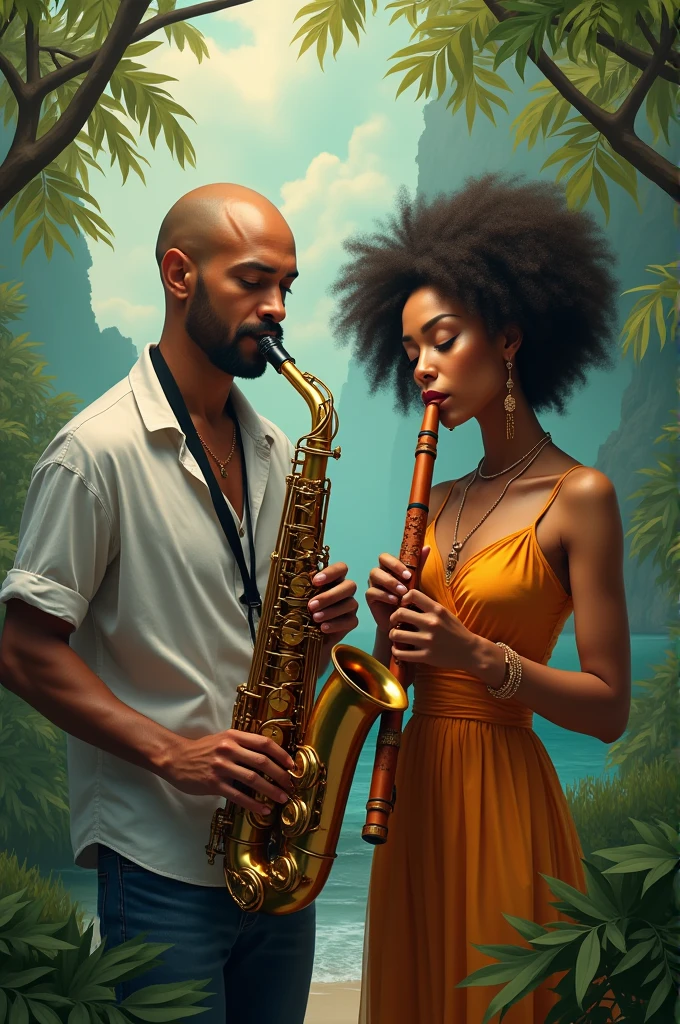 clear man, bald man playing sax and a Brazilian woman playing transverse flute