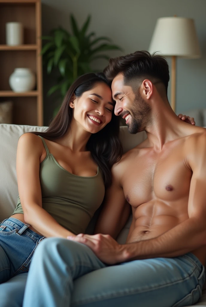Beautiful athletic 30 year old asian woman wearing tank top and jeans sitting in living room with her shirtless caucasian husband. Smiling. Toned arms. Arms around each other