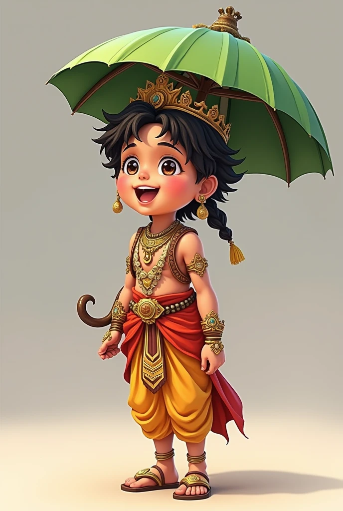 The complete set of Mahabali costume comes with footwear, satin dhoti, a decorated breastplate, ornaments, the crown and olakkuda (umbrella made of palm leaves). Smilly, small and happy face. Amine cartoon picture