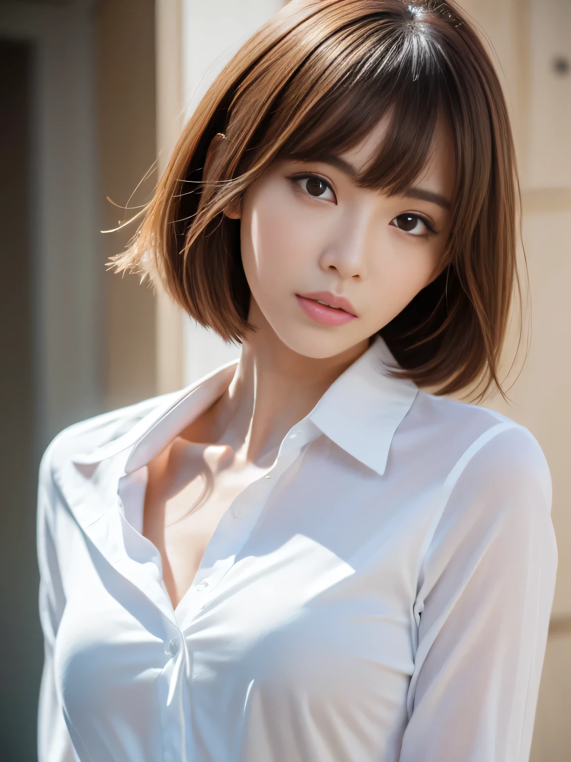 (Detailed skin), (Shiny skin), 8k, Highest quality, masterpiece, Ultra-high resolution, (Realistic:1.4), RAW Photos, (Soft saturation), Mixed-race Japanese women, Red hair, asymmetrical bangs, (Pretty face:1.4), (cinematic lighting:1.3), (Highly detailed face, Highly detailed lips, fine grain, double eyelid, Highly detailed and evenly balanced eyes), (Sharp focus:1.2), ((Full Body Shot)), (Perfect Anatomy:1.3), (Beautiful woman with perfect figure:1.2), (white shirt with collar), (Random poses:1.2),