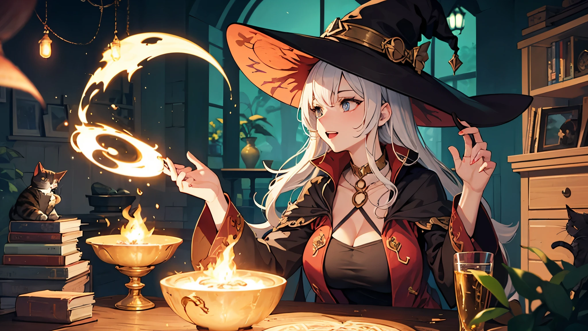 Witch with large breasts casting a spell in a magic circle with a cat, cauldron, and mushrooms around her.