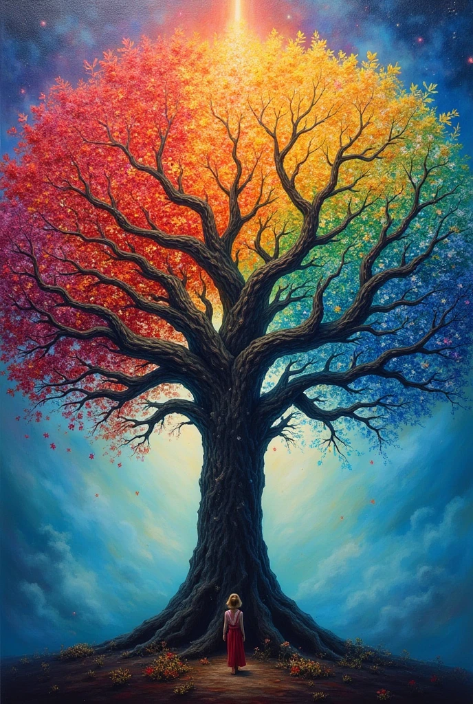 painting of the tree of life with rainbow colors