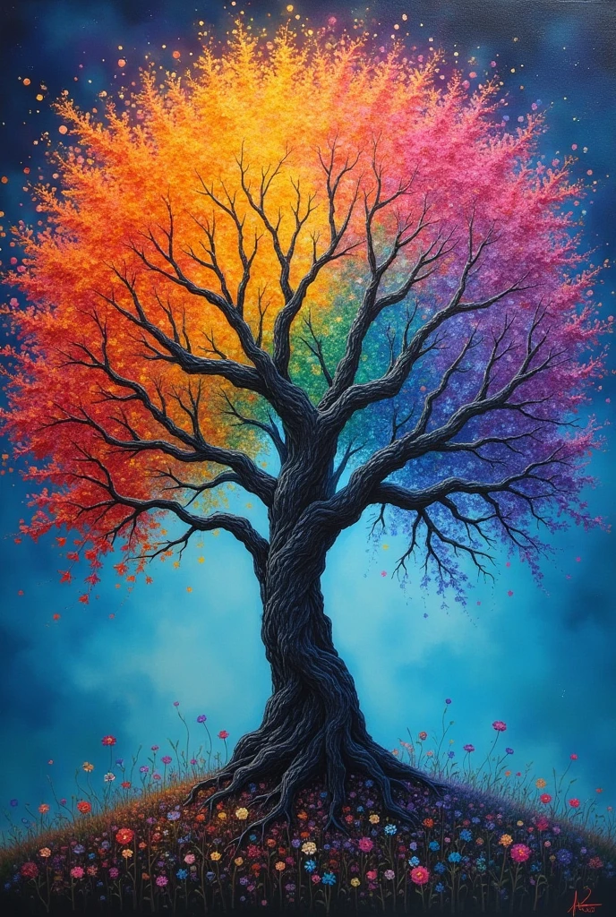 painting of the tree of life with rainbow colors